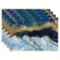 Detailed view of waterproof polyester placemat with blue gold abstract marble pattern. - Style 1145