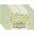 Set of 4 rustic linen placemats featuring a charming white daisy and mason jar botanical print. - 30x45cm / Style 3