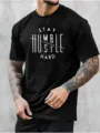Black short sleeve t-shirt for men with motivational front print design, casual cotton top. - S / Black (17)