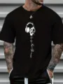 T-shirt da uomo nera a maniche corte con stampa grafica di cuffie musicali top casual creativo. - Nero (1)
