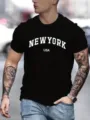 T-shirt nera da uomo a maniche corte con elegante classico design di stampa New York. - Nero (15)