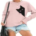 Dames roze sweatshirt met lange mouwen en schattige zwarte kat grafische casual top. - S / Tops / Roze