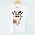 Women white short sleeve t-shirt with Halloween ghost leopard print graphic casual top. - S / White