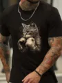 Men black cotton short sleeve t-shirt with retro boxing cat graphic streetwear top - 6031