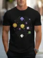 Men's black cotton short sleeve t-shirt featuring a creative cosmic polyhedral dice graphic print. - 6032