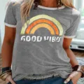 Dames vintage regenboog grafisch korte mouw grijs ringer t-shirt casual top voor dagelijks - S / Grijs