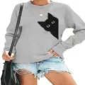 Modieus casual grijs sweatshirt met lange mouwen en zwarte kattenprint voor dames. - S / Tops / Grijs