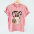 Pink Halloween ghost print short sleeve t-shirt, cute bougie ghost graphic casual top for women. - S / Pink