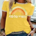 Modieuze casual dames t-shirt met korte mouwen en regenboog print ronde hals geel - S / Geel