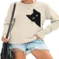 Dames lange mouw beige sweatshirt met schattige zwarte kat grafische casual pullover - S / Tops / Abrikoos