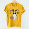 Yellow Halloween ghost print short sleeve t-shirt, casual vintage women top apparel. - Yellow