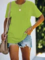 Solid color short sleeve t-shirt detail view, casual basic daily wear top for women. - S / Yellow-Green