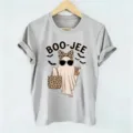 Gray short sleeve Halloween ghost graphic T-shirt, vintage casual top for women, retro style. - Gray