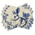 Blue and white embroidered rabbit placemat set, vintage floral fabric table mat for dining room. - Style 1202