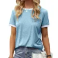 Women's blue short sleeve ringer t-shirt with white contrast collar and cuffs casual top - S / Light Blue