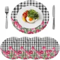 Round table placemat set black white buffalo plaid pink tulip floral kitchen dining table decor - 30*45 / Pink Tulips