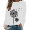 Witte sweatshirt met lange mouwen, zwarte paardenbloemprint en klassieke ronde hals. - Wit