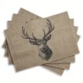 Rustic burlap placemats set with vintage stag deer head print for farmhouse table decor. - Style 1206