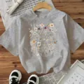 Grey short sleeve T-shirt with vintage floral print, casual cotton casual top for women. - Gray