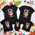 Family matching Christmas short sleeve T-shirts set featuring cute reindeer print design. - Adult S / Tops / Reindeer Christmas Style