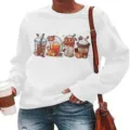 Dames sweatshirt met lange mouwen, pompoen en koffie print, casual ronde hals top voor herfst - S / Wit