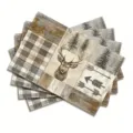Rustic deer pine tree plaid placemats set farmhouse style table mats for dining room 4pcs - Style 1212