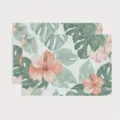 Tropical floral print linen placemat, pink hibiscus and green monstera leaf table mat design. - 30cm*45cm / 6