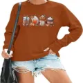 Dames herfst lange mouw sweatshirt casual ronde hals pompoen koffie grafische pullover - S / Bruin