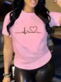 T-shirt femme rose à manches courtes avec un joli imprimé graphique cœur de rythme cardiaque. - S / Style B4