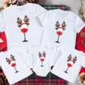 Matching Christmas family t-shirts and baby romper set with cute reindeer wine glass graphic. - Adult S / Tops / Wine Glass Christmas Style