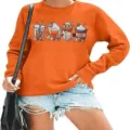 Oranje dames sweatshirt met lange mouwen pompoen koffie print Halloween pullover top - S / Oranje