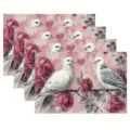Set of 4 romantic white dove and pink rose placemats, elegant vintage table mats for dining. - Dove and Rose