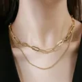 Layered gold paperclip chain necklace, elegant minimalist fashion jewelry for women everyday wear. - Double Layered Necklace