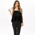 Women black sequin strapless camisole top sexy loose party clubwear fashion sparkling blouse - S / Black