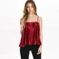 Women red sequin camisole loose swing sparkle spaghetti strap party club sexy stylish top - Dark Red