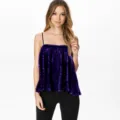 Close-up detail of the purple sequin camisole showing shimmering fabric texture and strappy design. - Purple