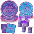 Spinnennetz Geburtstag Party Zubehör Set mit Papptellern, Bechern und Servietten. - Blau Violettes Spinnennetz / 7-teiliges Set (Mit Besteck)