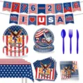 USA 250. Unabhängigkeitstag Party Geschirr Set patriotische Pappteller Becher Servietten - 9-teiliges Luxus-Deko-Set / 9er-Set