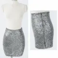 Shiny silver sequin bodycon skirt for women, sexy slim fit party club mini skirt. - S / Silver