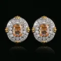 Boucles d'oreilles plaqué or champagne zircone cubique vue détaillée double halo. - Boucles d'oreilles clous