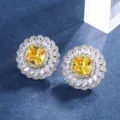 Elegante Retro Luxus gelbe Diamant Kristall Ohrstecker mit feinem Vintage Halo Design. - Ohrstecker / Silber