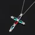 Charming multi-color zircon cross pendant necklace with box chain for women fashion jewelry - Platinum