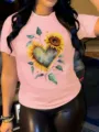 Casual pink short-sleeve t-shirt for women, featuring a beautiful sunflower heart print. - Style B5