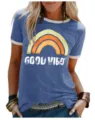 Damen Kurzarm Ringer T-Shirt Vintage Regenbogen Grafik Lässiges Sommer Oberteil Blau S-XL - Blau und Violett