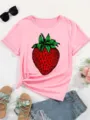 Women short sleeve round neck pink t-shirt with cute strawberry graphic casual top variant - Style B6