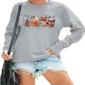 Women Fall Halloween Pumpkin Graphic Crewneck Sweatshirt Casual Long Sleeve Pullover Top - Gray