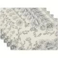 Set of 4 grey floral linen placemats elegant botanical sketch table mats for dining room - Grey Floral