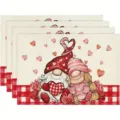 Valentine day gnome table placemats set of 4 cute heart red plaid fabric dining mats kitchen - Style 1199