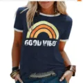 Damen Marineblau Ringer T-Shirt Retro Regenbogen Good Vibes Print Kurzarm Oberteil - Marineblau