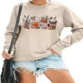 Women Halloween Pumpkin Coffee Cup Print Long Sleeve Sweatshirt Casual Autumn Pullover - Beige
